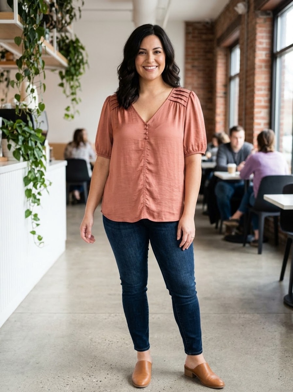 Wonderly Rust-Peach V-Neck Button-Front Blouse